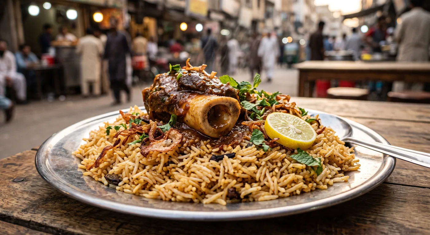 Close-up of a beef nalli biryani plate with a large marrow bone, rich gravy, fried onions, mint, and a lemon slice, served on a steel plate on a wooden table with a busy Karachi street market in the background