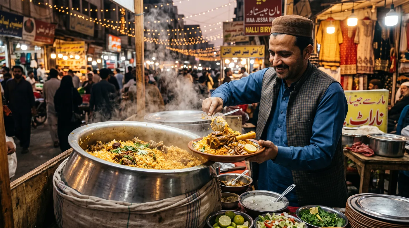 Street vendor smiling while serving a plate of beef nalli biryani with a marrow bone from a large steaming steel pot at a bustling Karachi street market at dusk, illuminated shop signs and string lights overhead