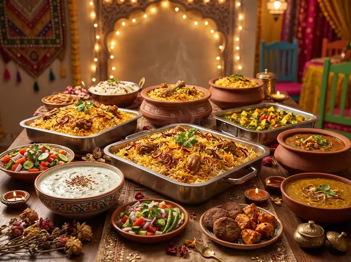 Festive catering spread of biryani trays, raita, and salad set out for an event