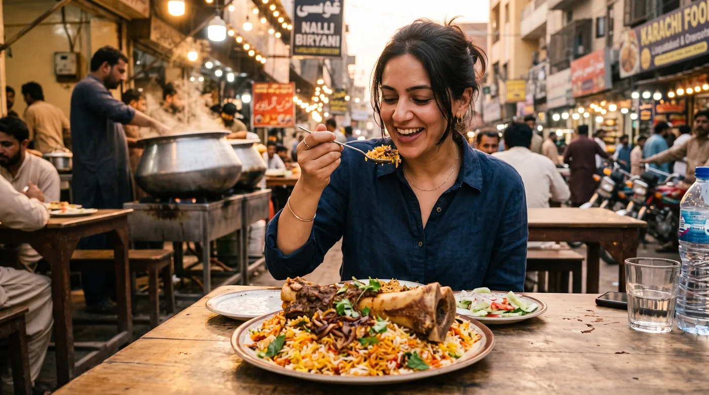 Smiling visitor enjoying a spoonful of beef nalli biryani topped with a marrow bone at a bustling Liaquatabad street food stall in Karachi, with a steaming steel biryani degh and glowing shop signs in the background