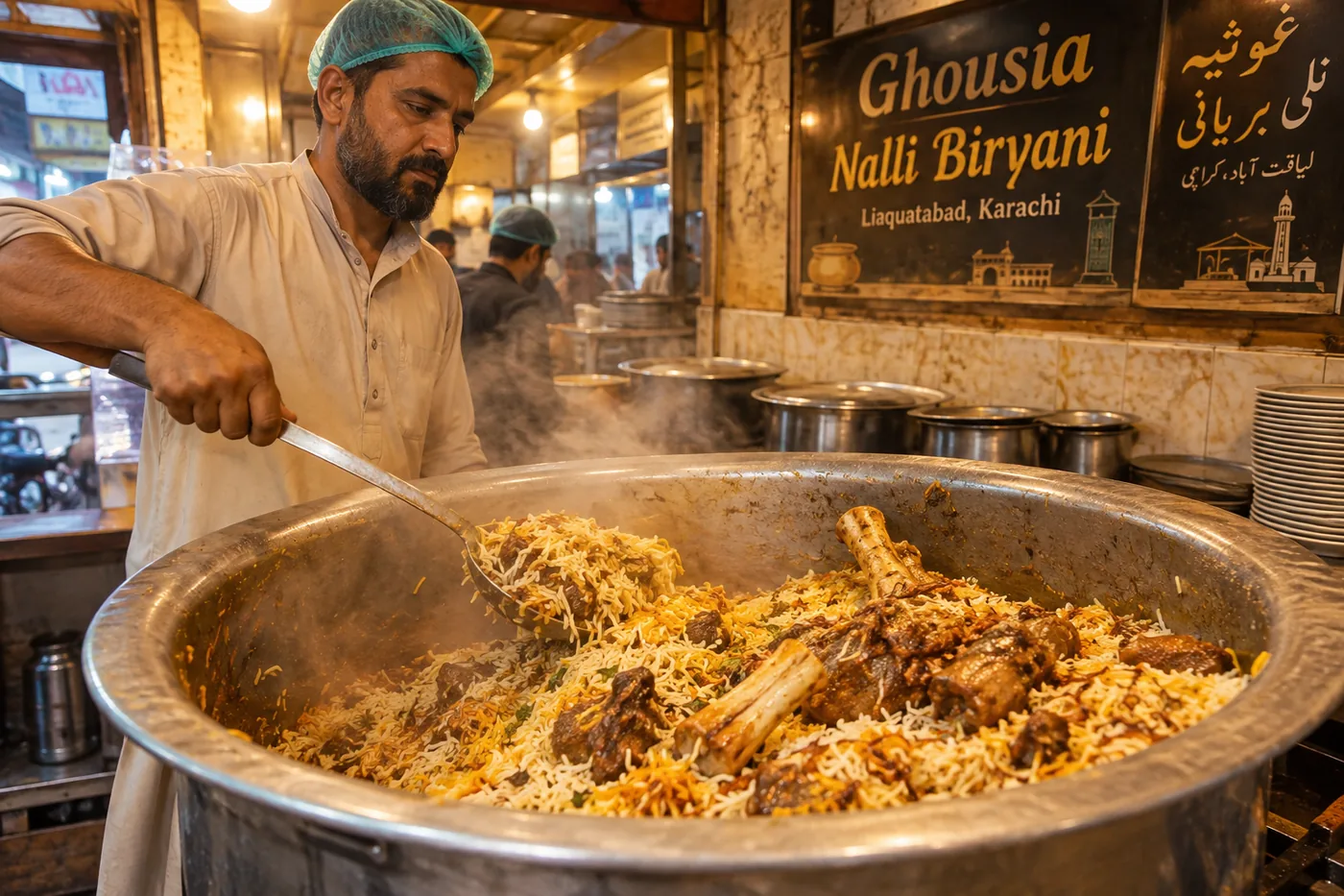 Cook at Ghousia Nalli Biryani in Liaquatabad, Karachi, serving beef nalli biryani with a marrow bone from a large steaming steel degh, with the shop's signboard reading 'Ghousia Nalli Biryani' visible in the background