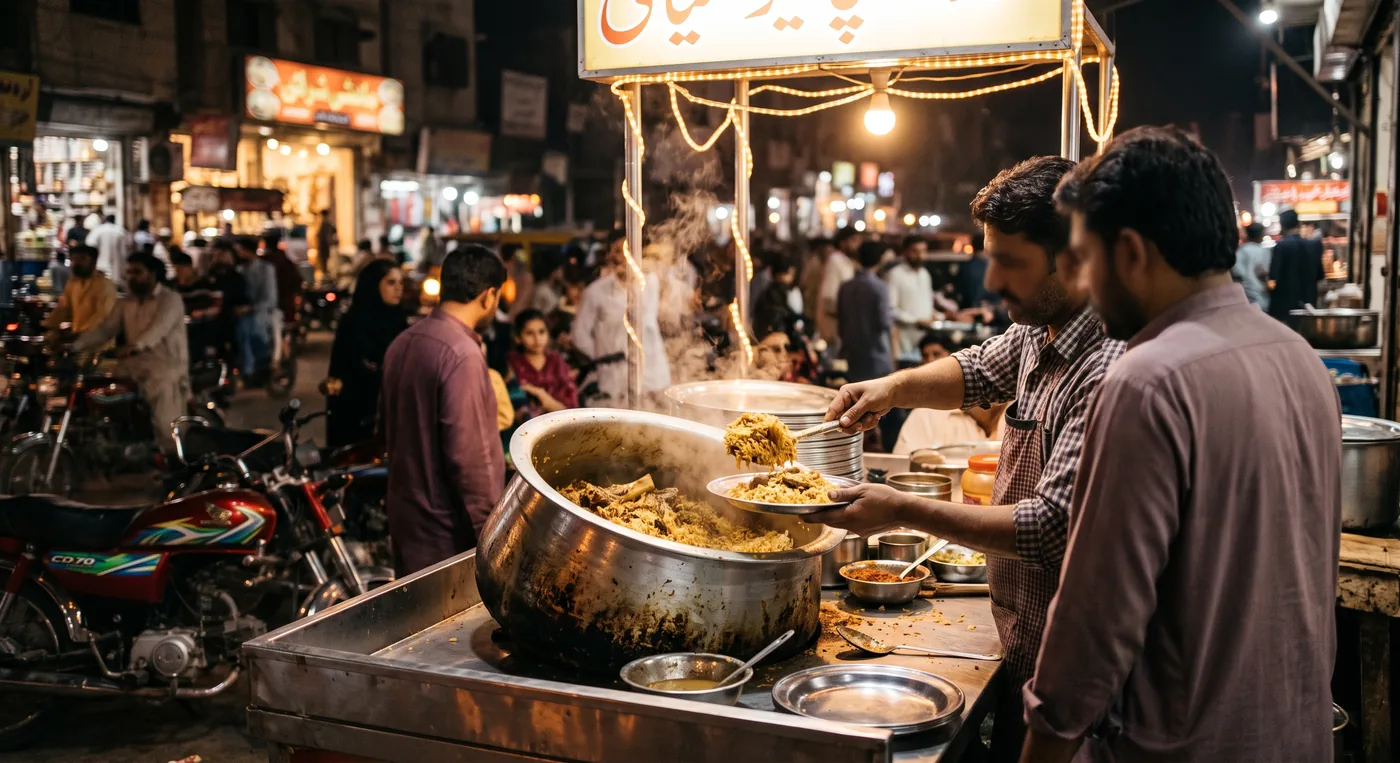 Vendor scooping beef nalli biryani from a large steel pot at a busy nighttime food stall in Karachi, with string lights and customers waiting under a glowing signboard