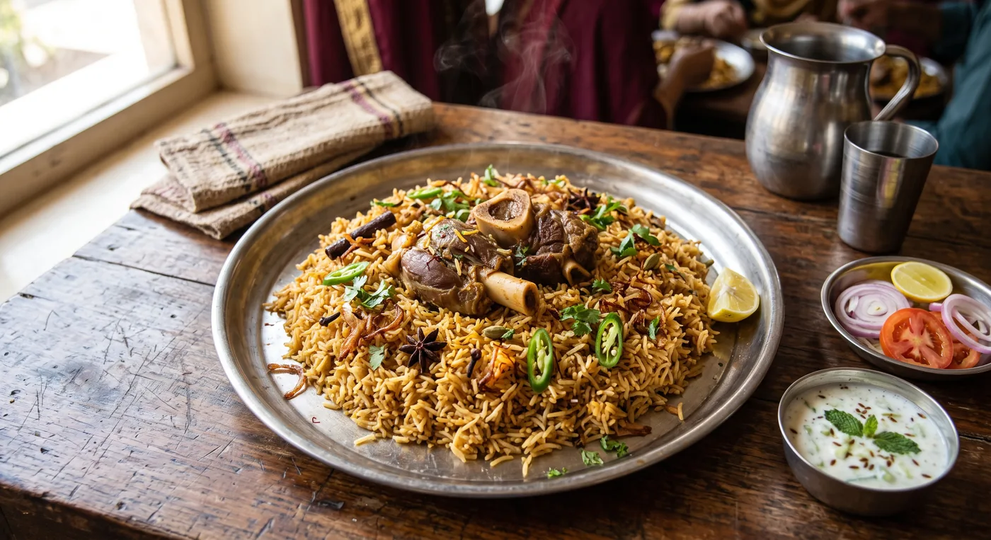 Traditional Karachi-style beef nalli biryani served on a steel platter with raita, salad and lemon