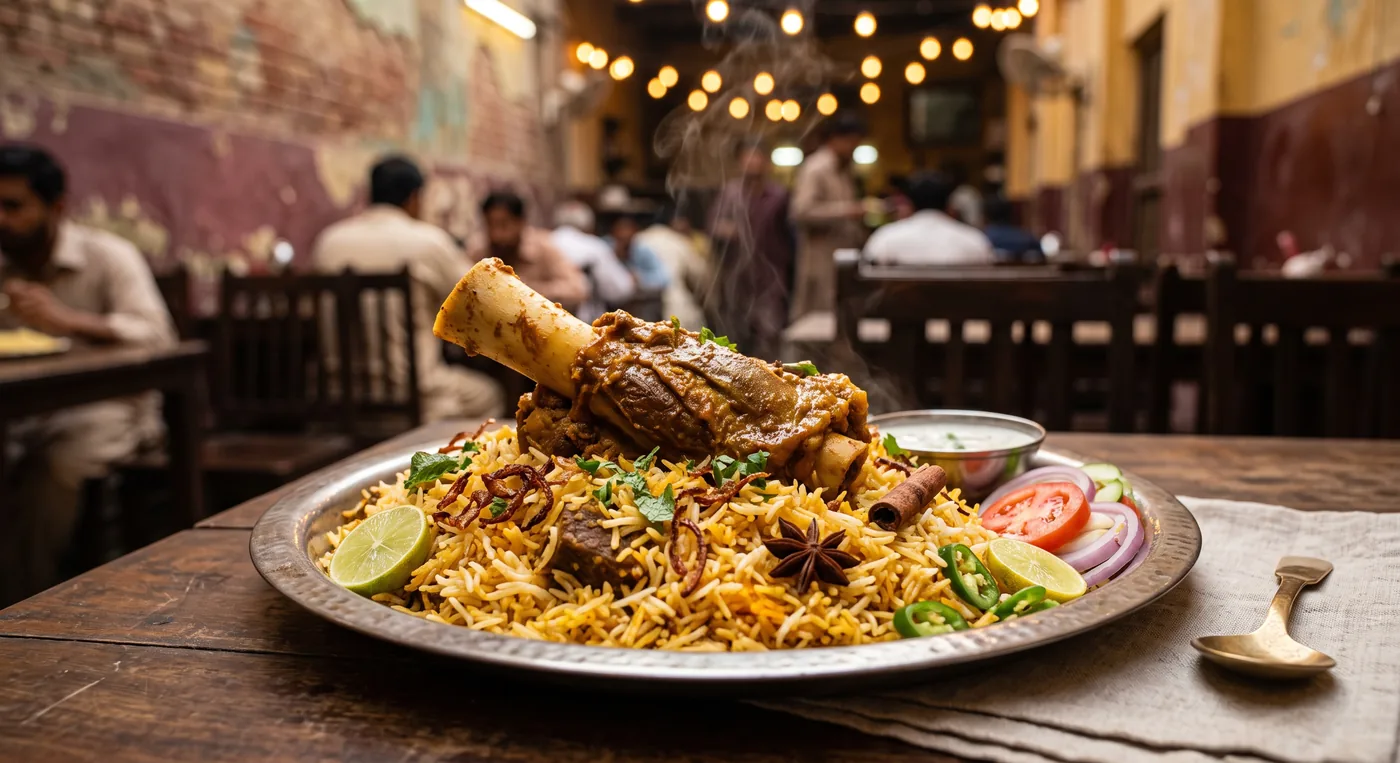 Overhead close-up of a single plate of beef nalli biryani with rising steam on a steel plate, set against a bustling old Karachi neighborhood eatery with string lights