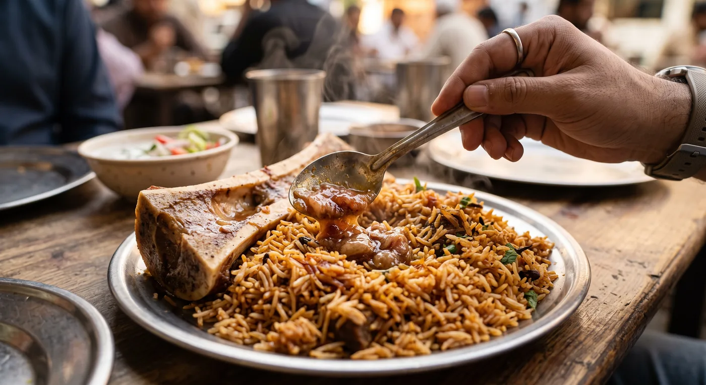 Hand drizzling rich marrow gravy from a spoon over a plate of beef nalli biryani with a large bone, fluffy separate-grain rice visible at a busy Karachi street eatery