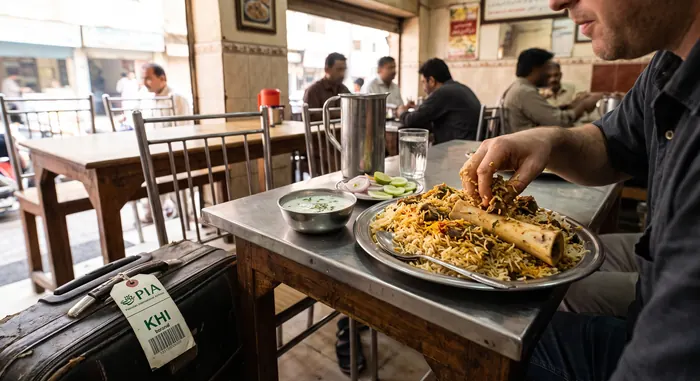 Traveler fresh off a flight digging into a plate of beef nalli biryani with a marrow bone at a traditional Karachi eatery table, suitcase with an airline baggage tag resting nearby
