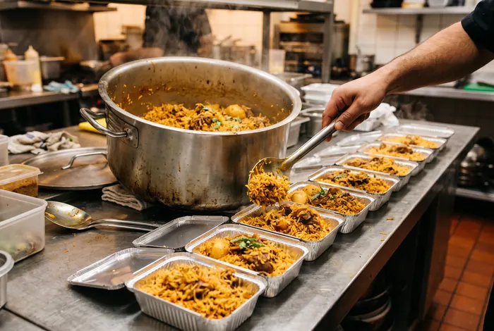 Kitchen staff portioning biryani from a large pot into multiple takeaway containers for a group order