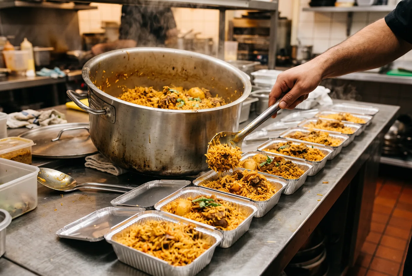 Kitchen staff portioning biryani from a large pot into multiple takeaway containers for a group order