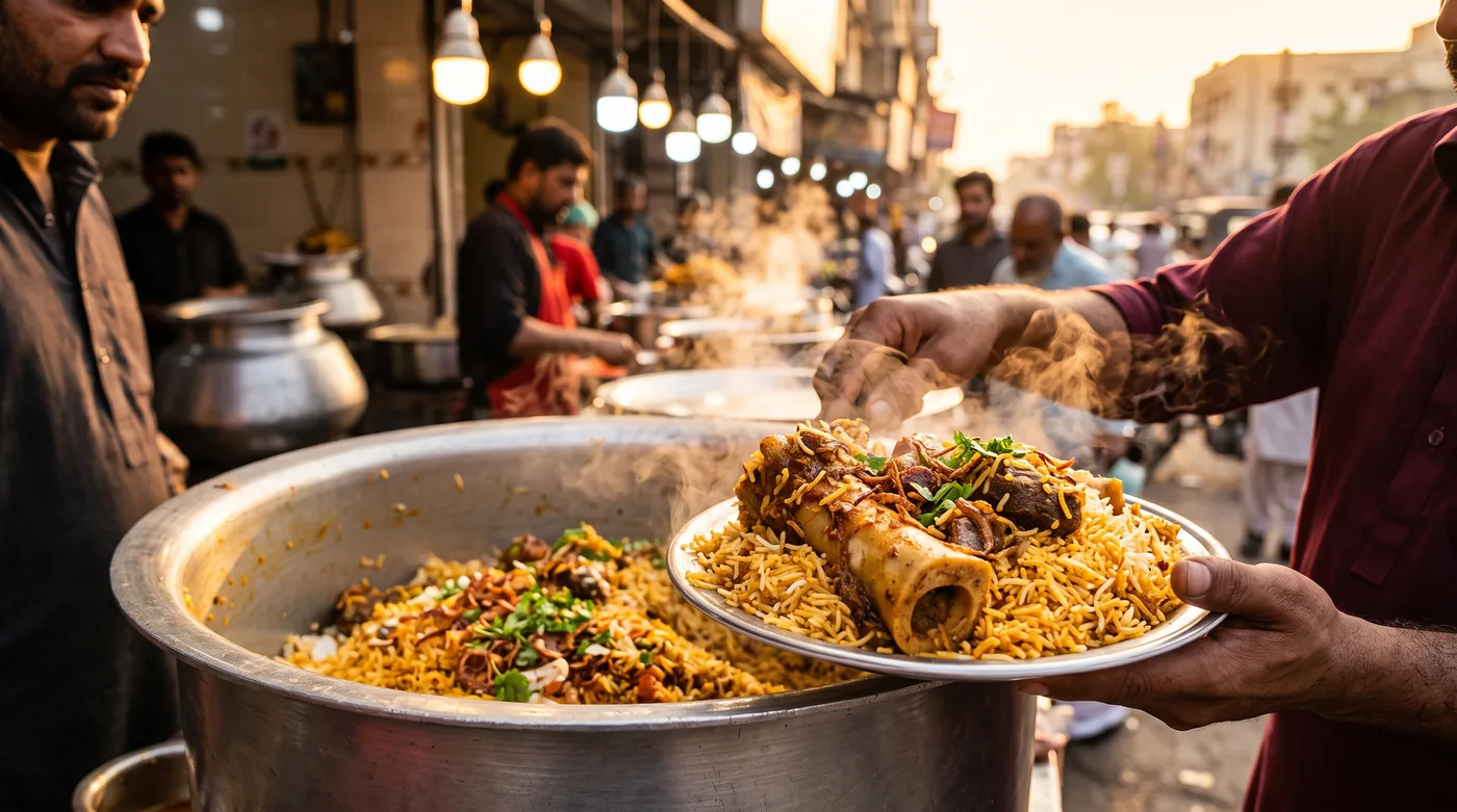Street vendor serving a plate of beef nalli biryani from a large steaming pot at a bustling Karachi food street at sunset
