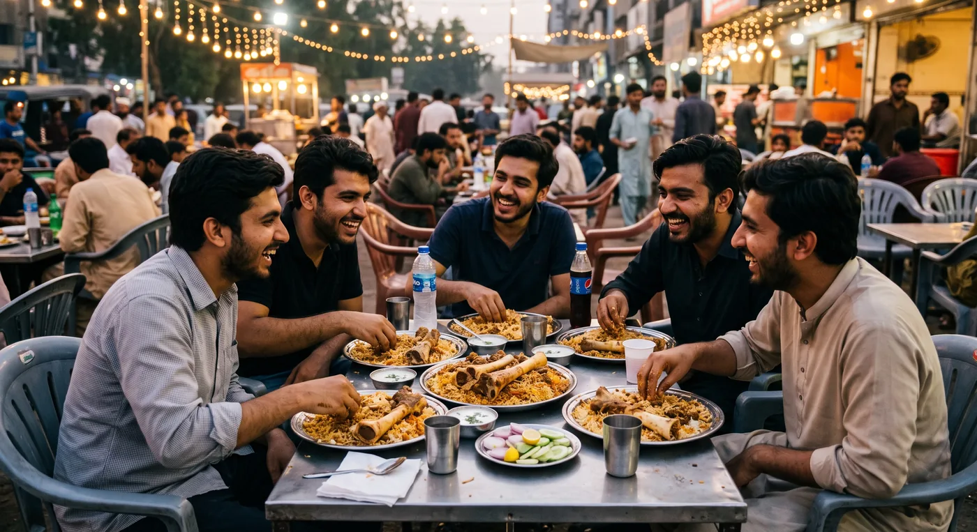 Group of young friends laughing together at an outdoor Karachi eatery table filled with plates of beef nalli biryani, marrow bones, raita and soft drinks, under strings of warm lights on a busy weekend evening